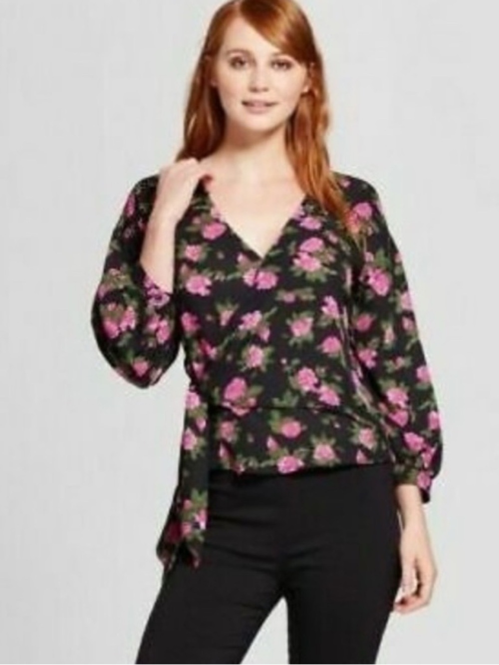 Who What Wear Floral V-Neck Wrap Blouse Size-X-Small Moody Feminine